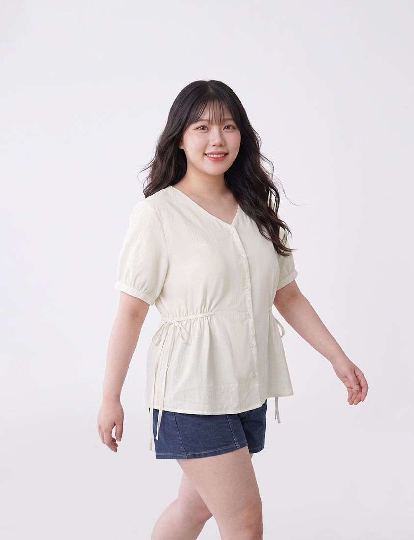 V-Neck Button Front Tie Waist Plus Size Top
