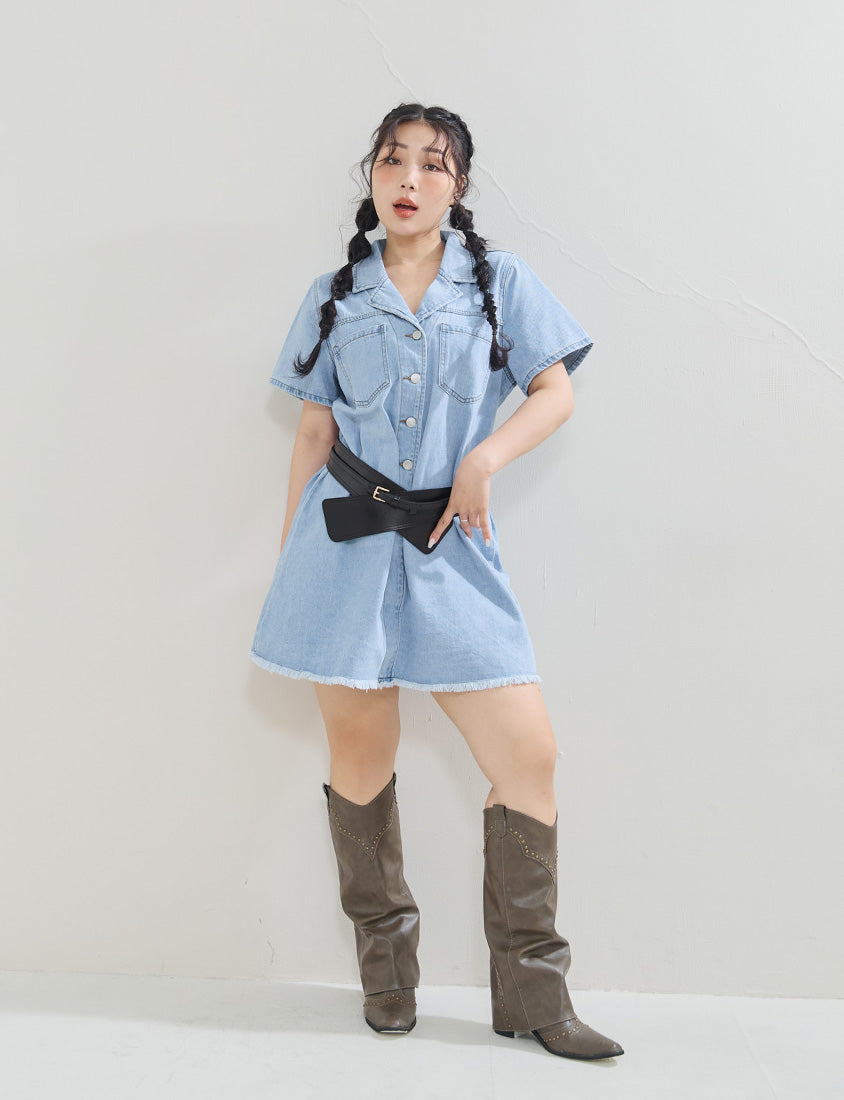 Frayed Hem Pocket Denim Plus Size Mini Dress