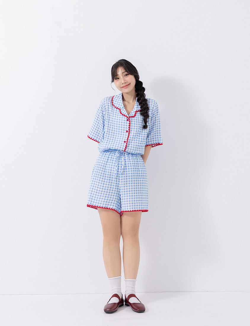 Skin-Friendly Gingham Contrast Frill Casual Plus Size Shirt