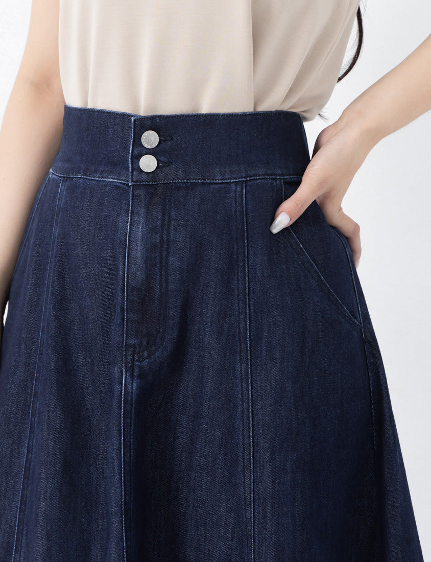 Lightweight Tencel Silky Denim Double Button Flare Plus Size Maxi Skirt
