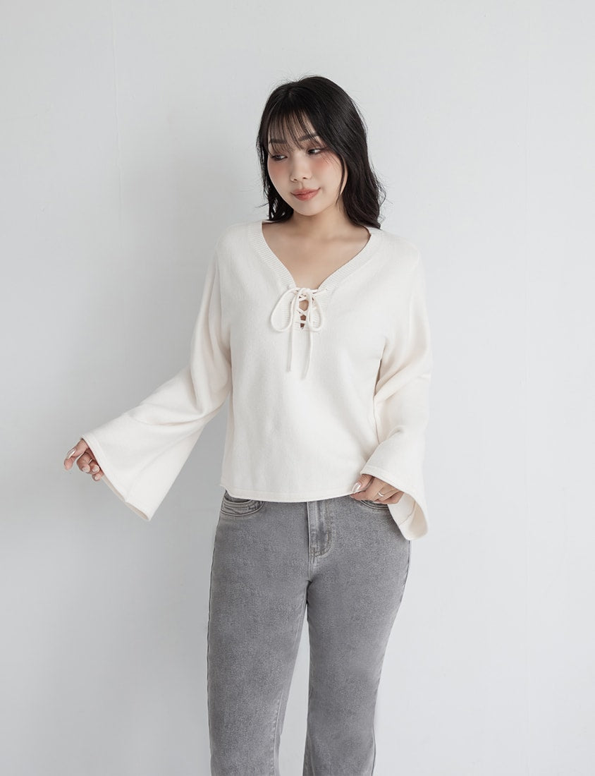 V-Neck Tie Flare Sleeve Plus Size Knit Top
