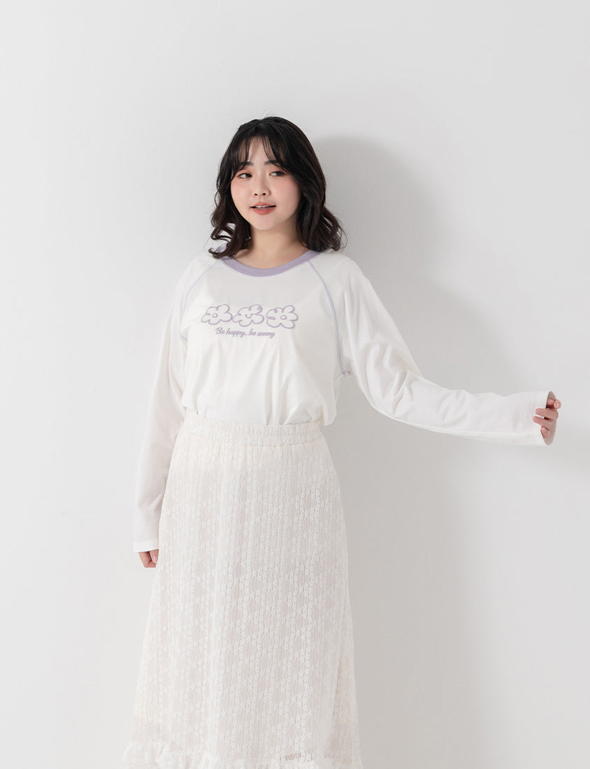 Contrast Floral Puff Print Long-Sleeve Plus Size Tee