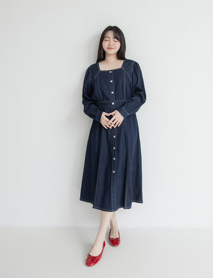 Smock-Waisted Square Neck Faux-Button Denim Plus Size Maxi Dress