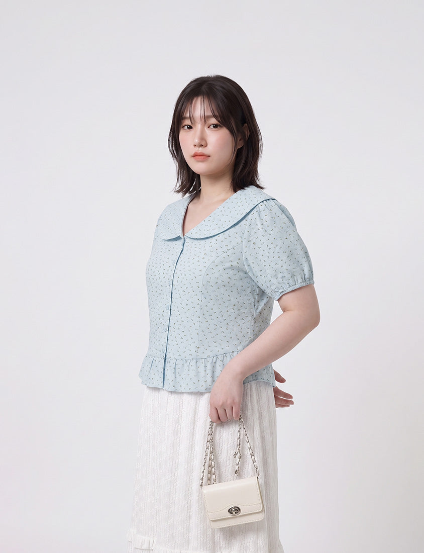 Fresh Floral Collared Cinched Waist Plus Size Blouse