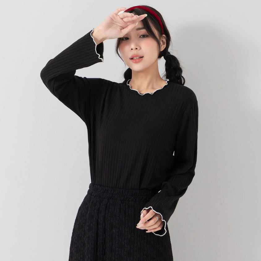 Soft Wide Ribbed Ruffle-Trim Long Sleeve Plus Size Top