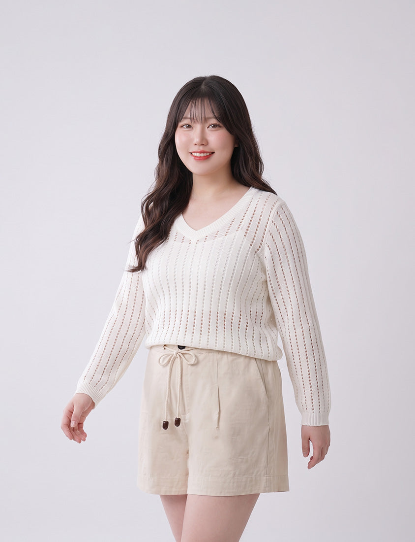 V-Neck Openwork Ribbed Knit Long Sleeve Plus Size Top