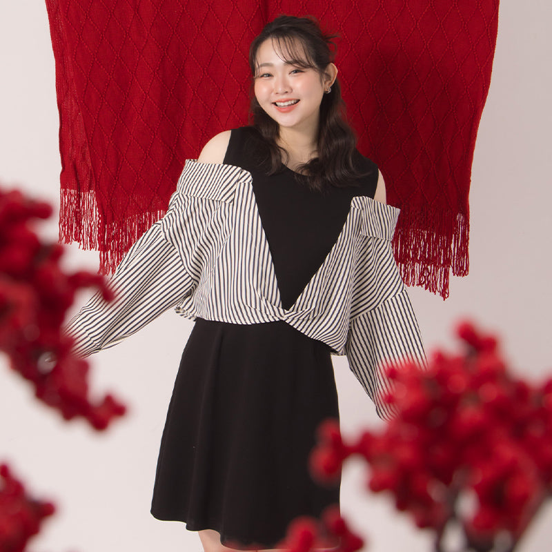 Faux Two Piece Cloud Cotton Contrast Stripe Plus Size Dress