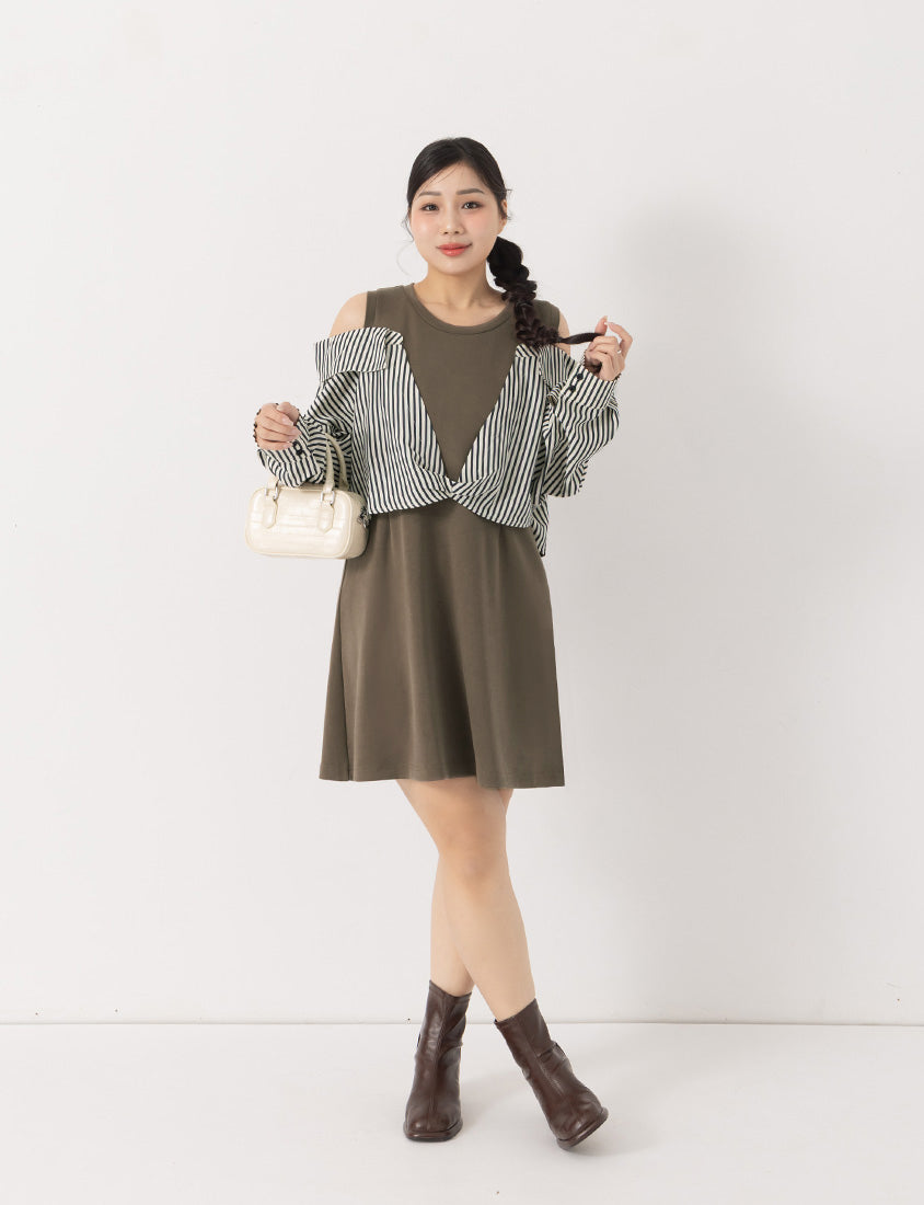 Faux Two Piece Cloud Cotton Contrast Stripe Plus Size Dress