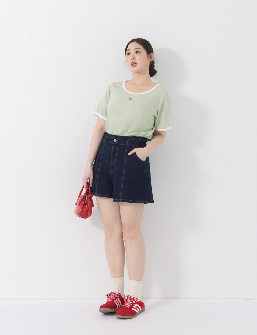 Playful Bubble Hem Stitch Plus Size Denim Shorts