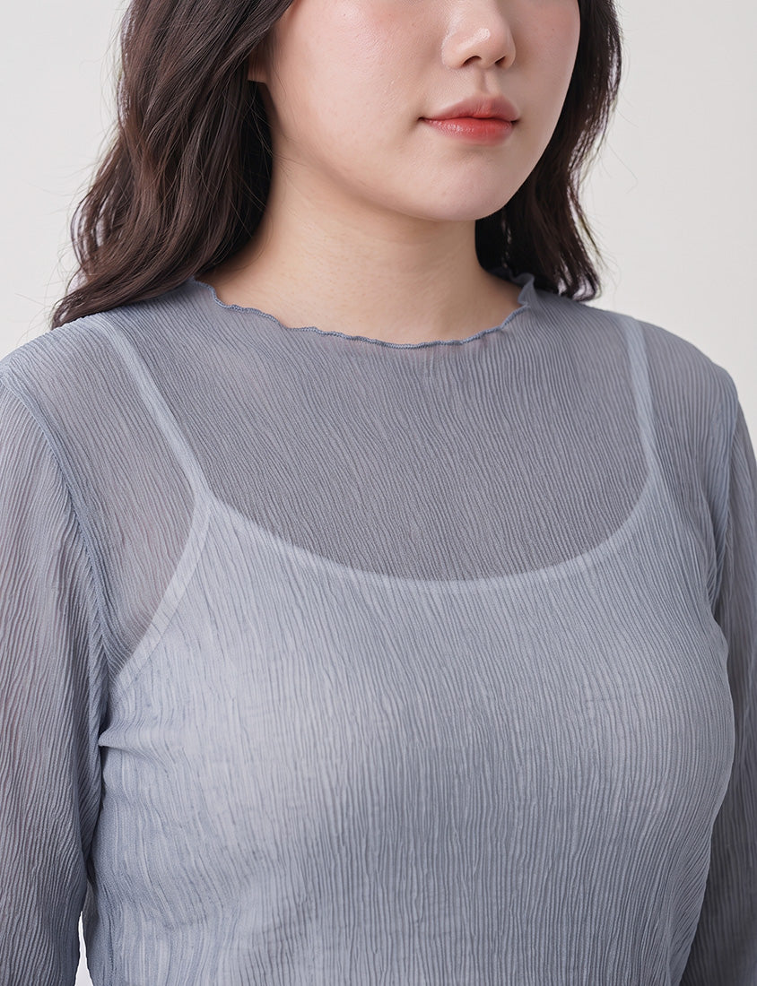 MISS. Ethereal Crinkle Sheer Mock-Neck Plus Size Top