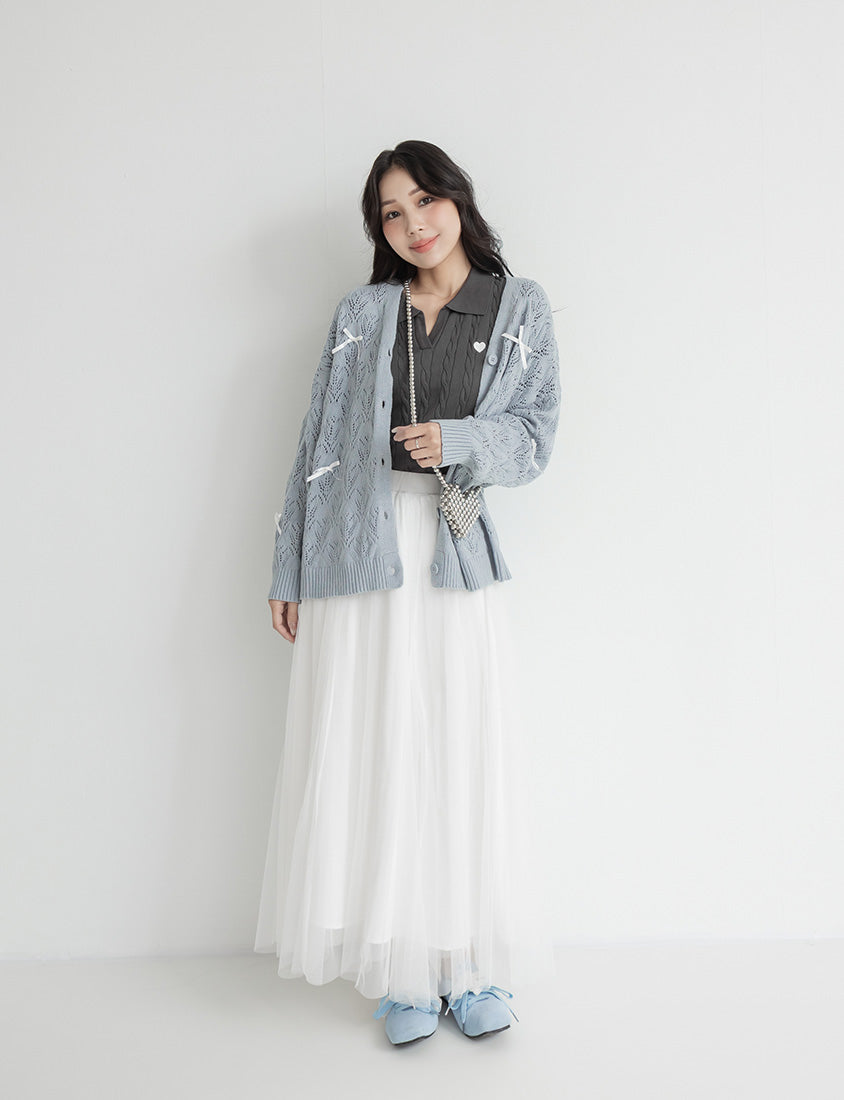 Sweet Bow-Detail Openwork Knit Plus Size Cardigan