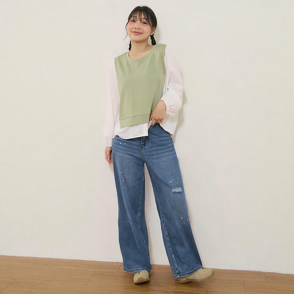 Crewneck Puff Sleeve Faux Two Piece Plus Size Long Sleeve Top