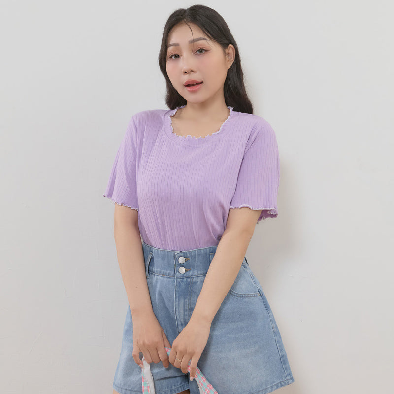 Cute Ruffle Trim Ribbed Plus Size Top