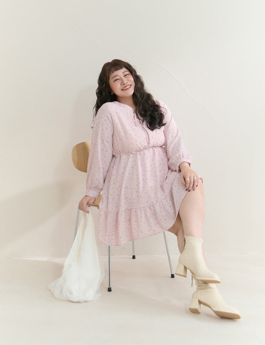 Early Spring Floral Tie-Front Long Sleeve Plus Size Mini Dress