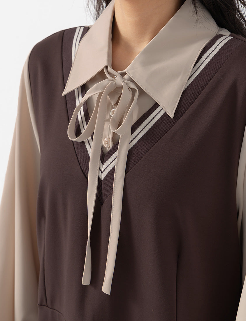 Preppy Contrast Color Faux Two-Piece Plus Size Mini Dress (With Tie)