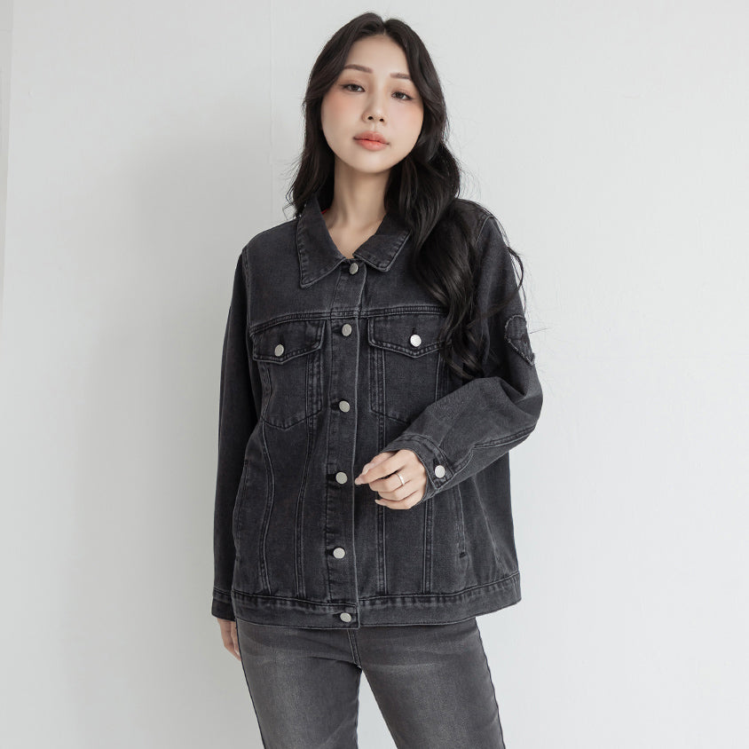 Heartbeat Applique Embroidered Oversized Denim Jacket (Unisex)