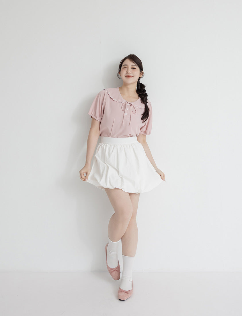 Cute Bow Embroidered Collared Plus Size Top