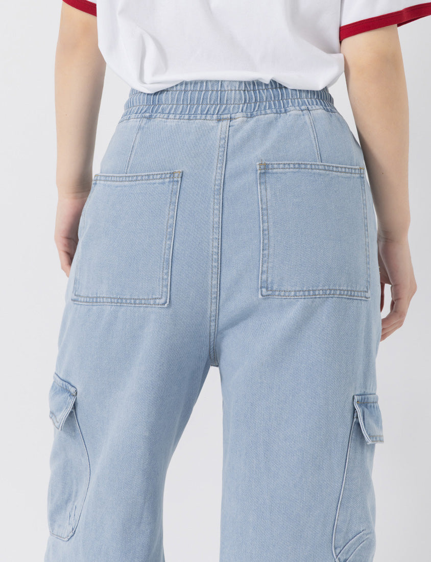 Washed Elastic Waist Plus Size Denim Cargo Pants
