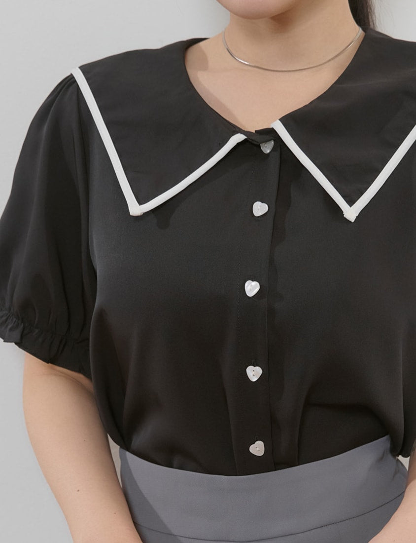 MISS. Contrast Doll Collar Heart Button Plus Size Shirt