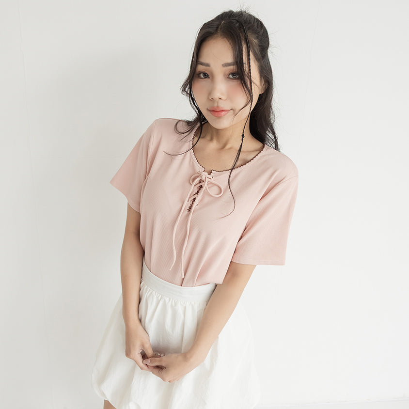 Ruffle Trim Ribbed Tie Front Short Sleeve Plus Size Top