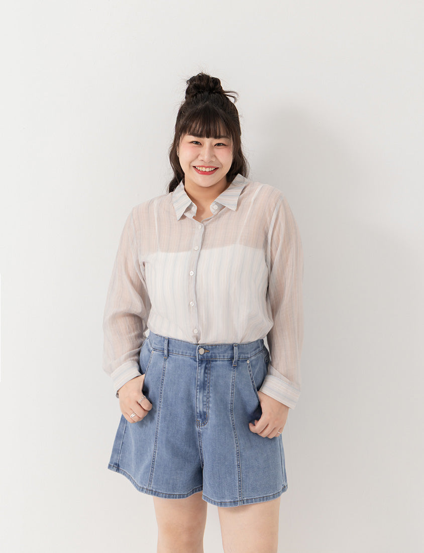 Sheer Color Stripe Long Sleeve Plus Size Shirt