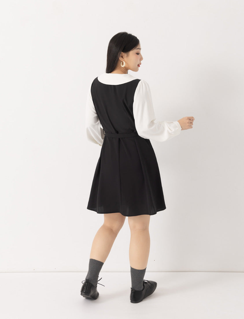 MISS. Faux Two Piece Chiffon Plus Size Long Sleeve Dress (With Waist Tie)
