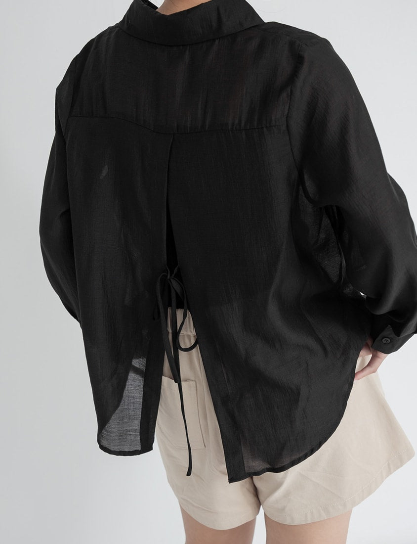 Tencel Silky Sheer Back Slit Tie-Front Plus Size Shirt
