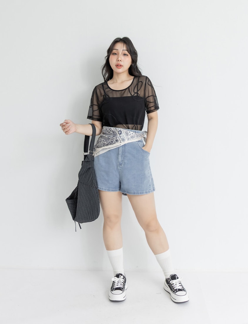 Japanese Style Wavy Line Sheer Textured Plus Size Top