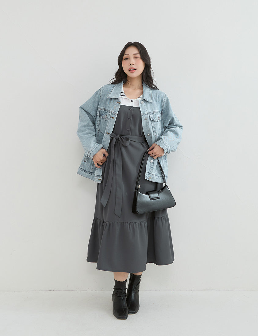 Contrast Sailor Collar Faux Two Piece Plus Size Maxi Dress (With Waist Tie)