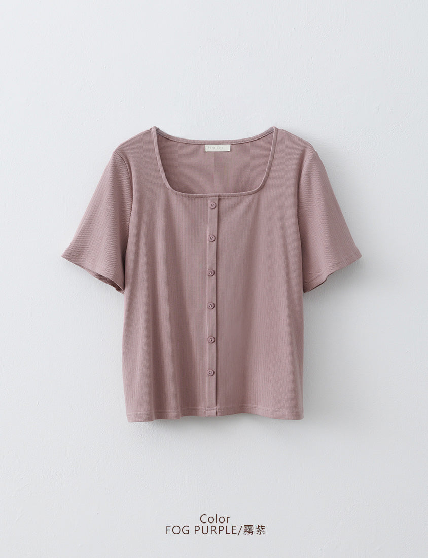Tencel Ribbed Faux Button Square Neck Plus Size Top