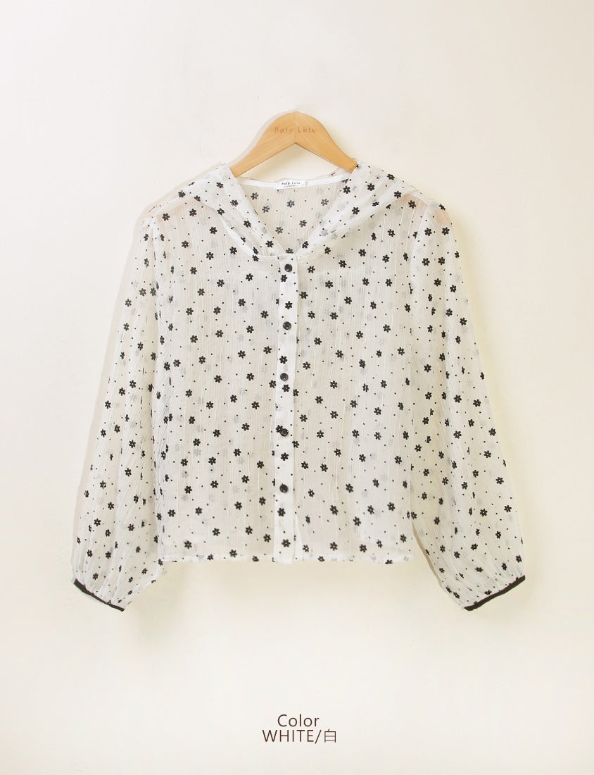 Cute Crinkled Floral Button Plus Size Hooded Jacket