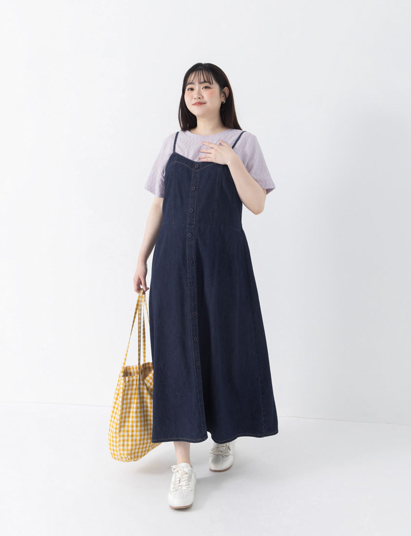 Tencel Silky Denim Faux Button Strap Plus Size Maxi Dress