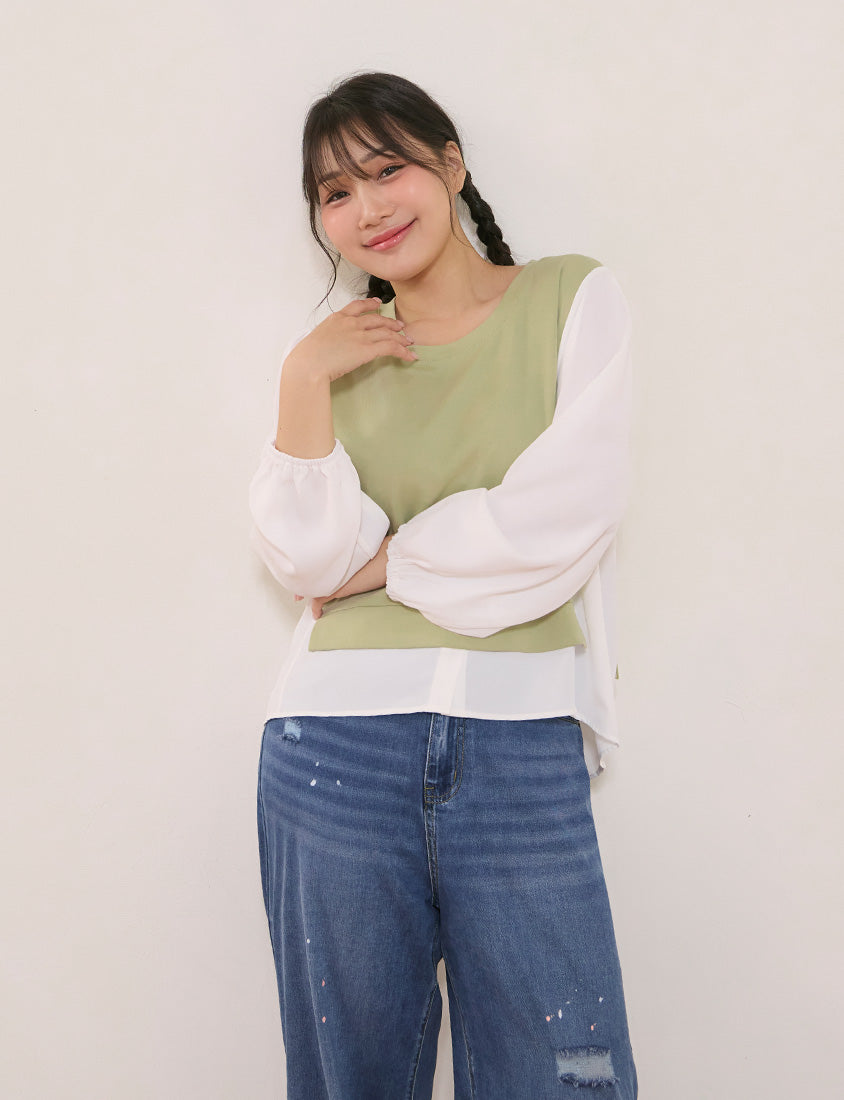 Crewneck Puff Sleeve Faux Two Piece Plus Size Long Sleeve Top