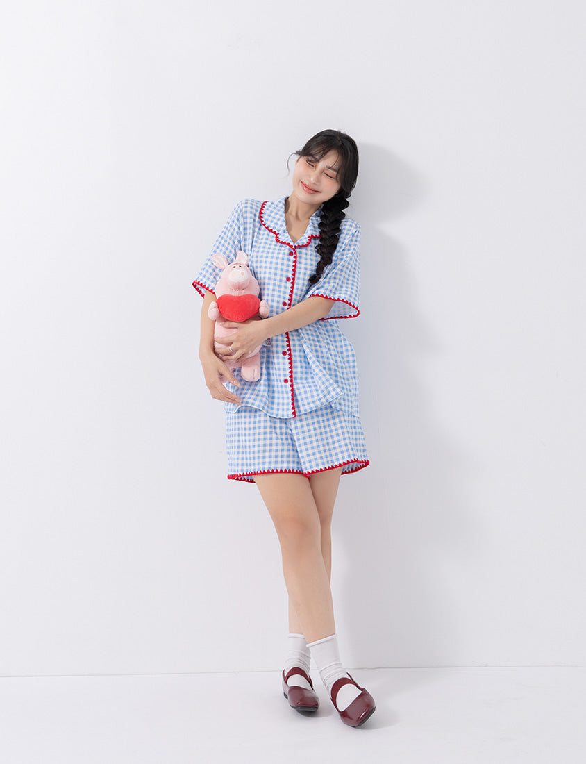 Skin-Friendly Gingham Contrast Frill Casual Plus Size Shirt