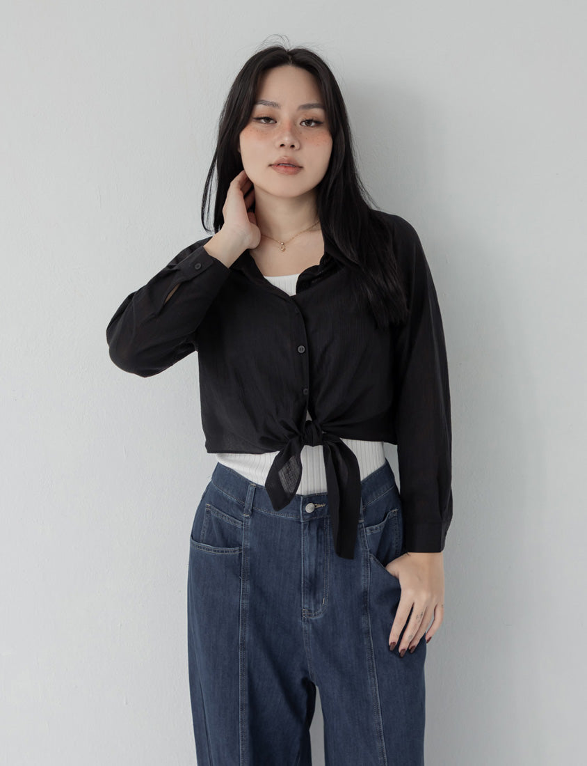 Tencel Silky Sheer Crinkle Tie-Front Plus Size Shirt
