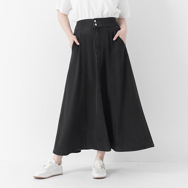 Lightweight Tencel Silky Denim Double Button Flare Plus Size Maxi Skirt