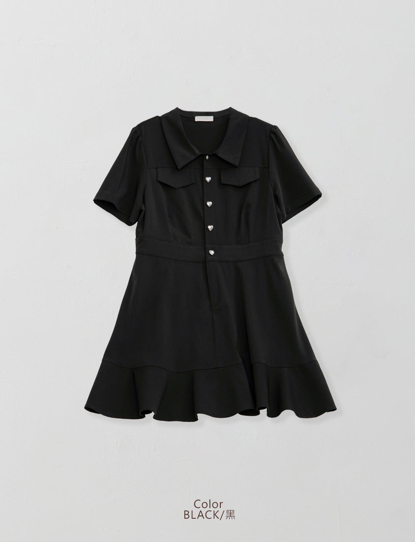 Elegant Heart Button Collar Plus Size Mini Dress