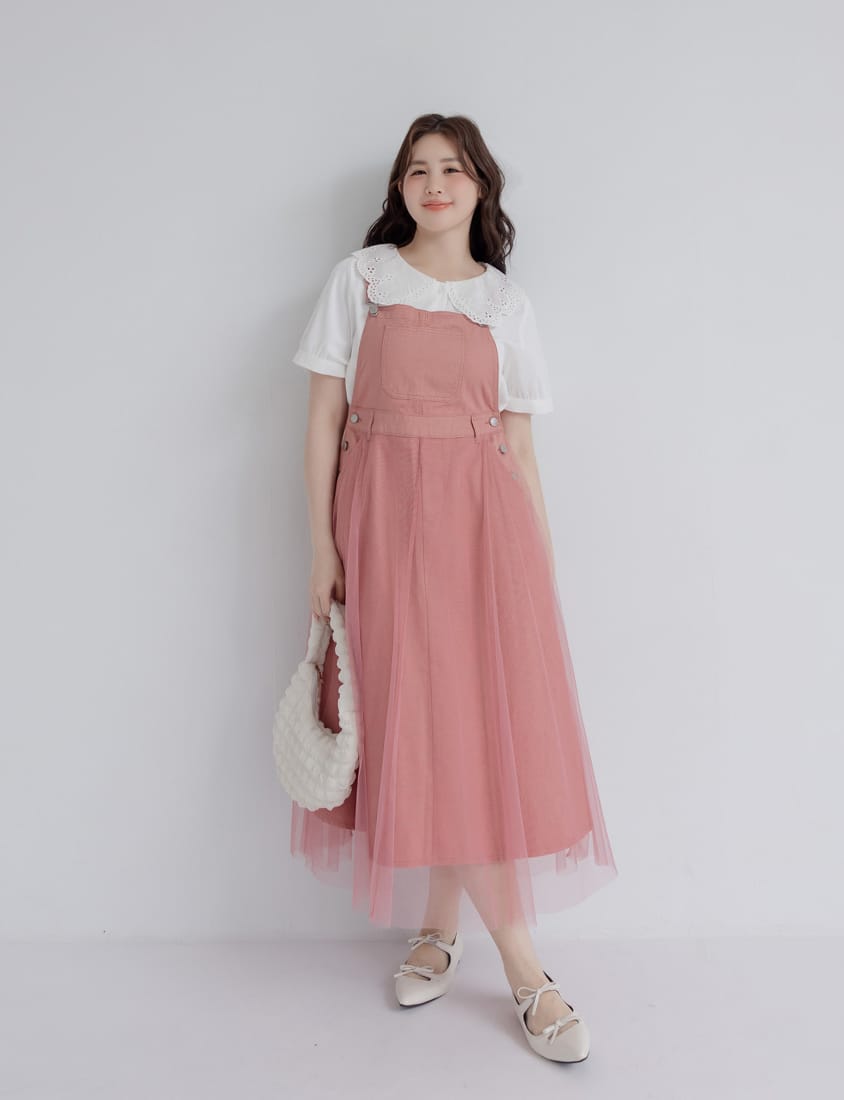 Sweet Adjustable Twill Strap Tulle Panel Plus Size Dress