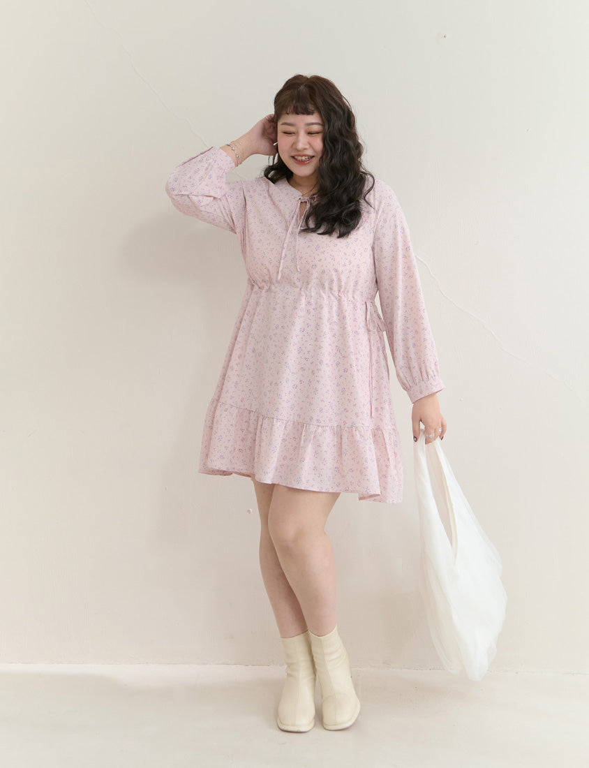 Early Spring Floral Tie-Front Long Sleeve Plus Size Mini Dress