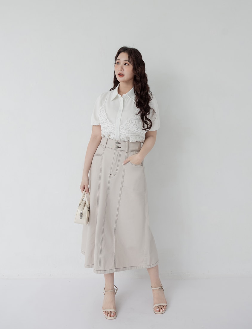 Contrast Stitch Back Slit A-Line Plus Size Maxi Skirt