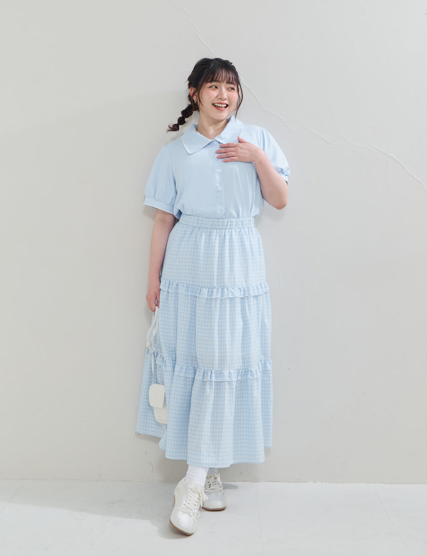 Contrast Embroidered Lace Puff Sleeve Plus Size Shirt