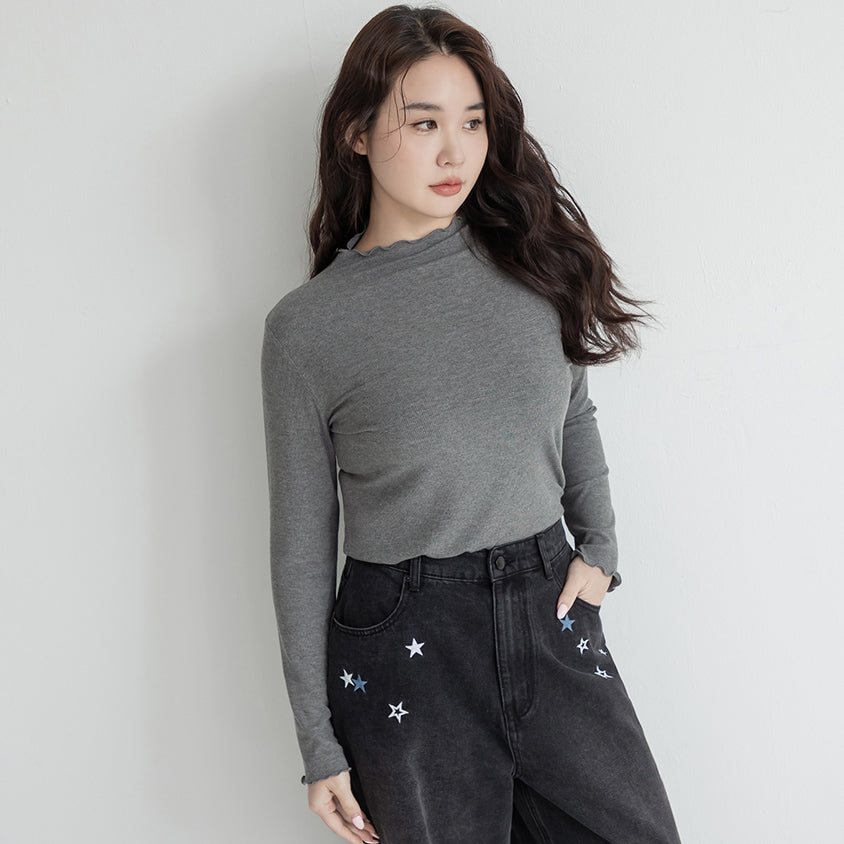 Ribbed Lettuce Trim Mock Neck Plus Size Top