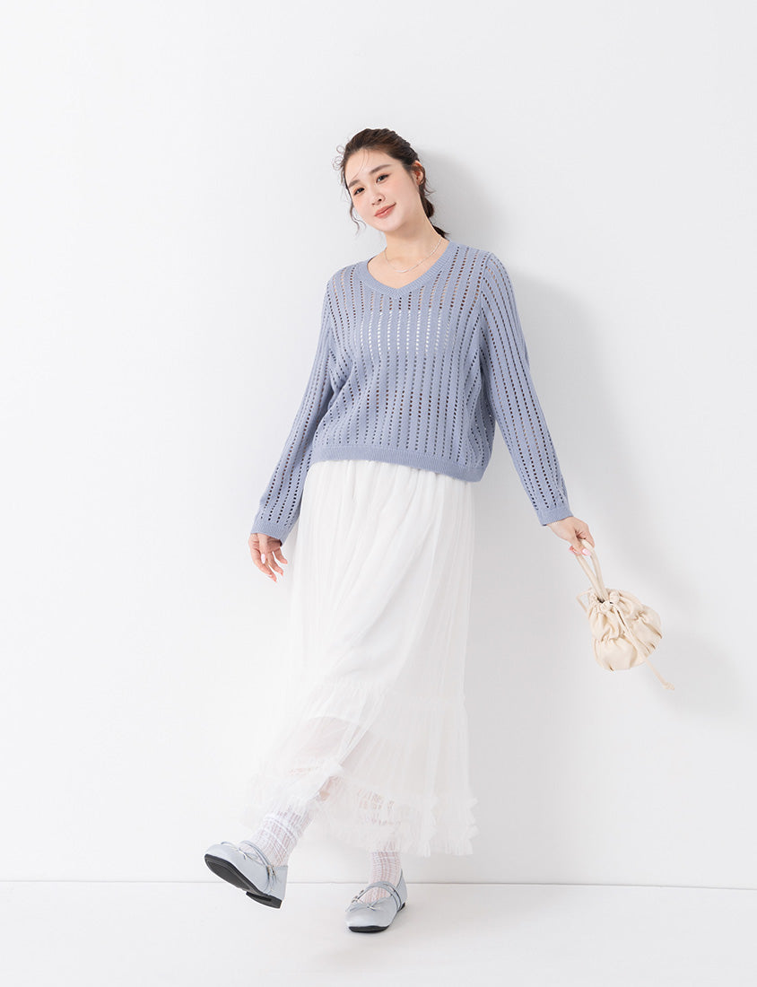 V-Neck Openwork Ribbed Knit Long Sleeve Plus Size Top