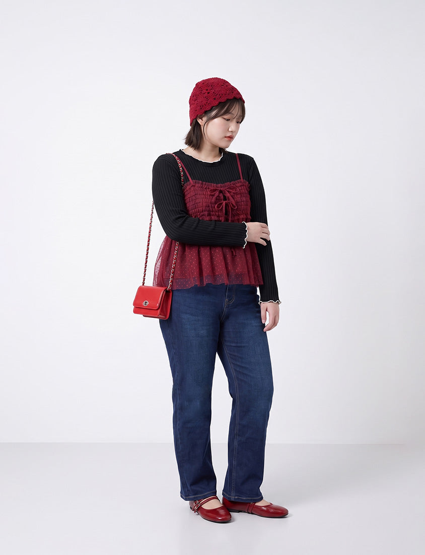 Soft Wide Ribbed Ruffle-Trim Long Sleeve Plus Size Top