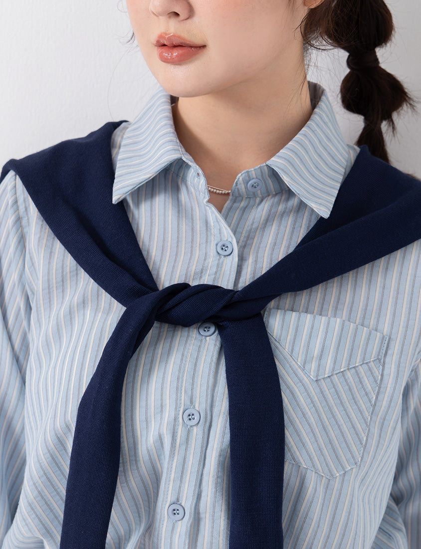 Contrast Stripe Long Sleeve Plus Size Shirt (With Shawl)