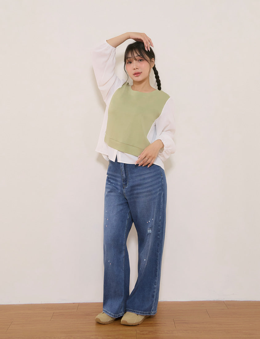 Crewneck Puff Sleeve Faux Two Piece Plus Size Long Sleeve Top
