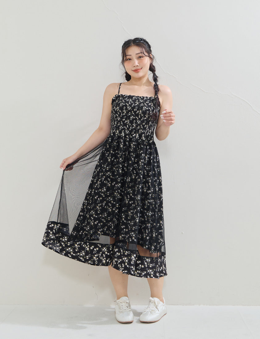 Layered Mesh Floral Adjustable Plus Size Strap Maxi Dress