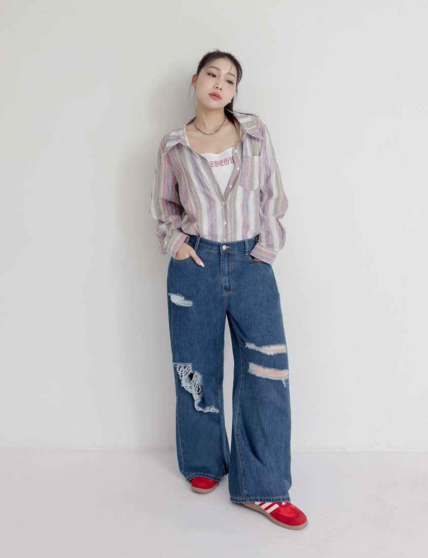 MUA! Tie-Dye Contrast Stripe Long Sleeve Plus Size Shirt