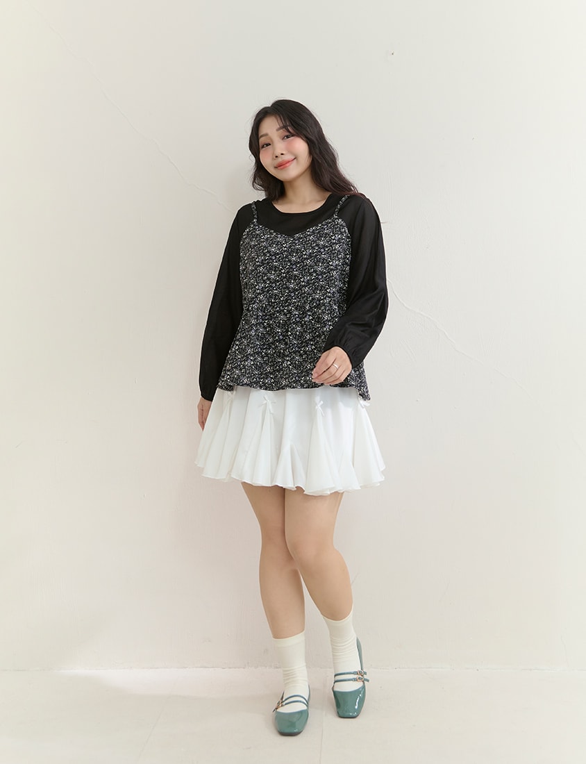 Floral Faux Two Piece Sheer Plus Size Long Sleeve Top