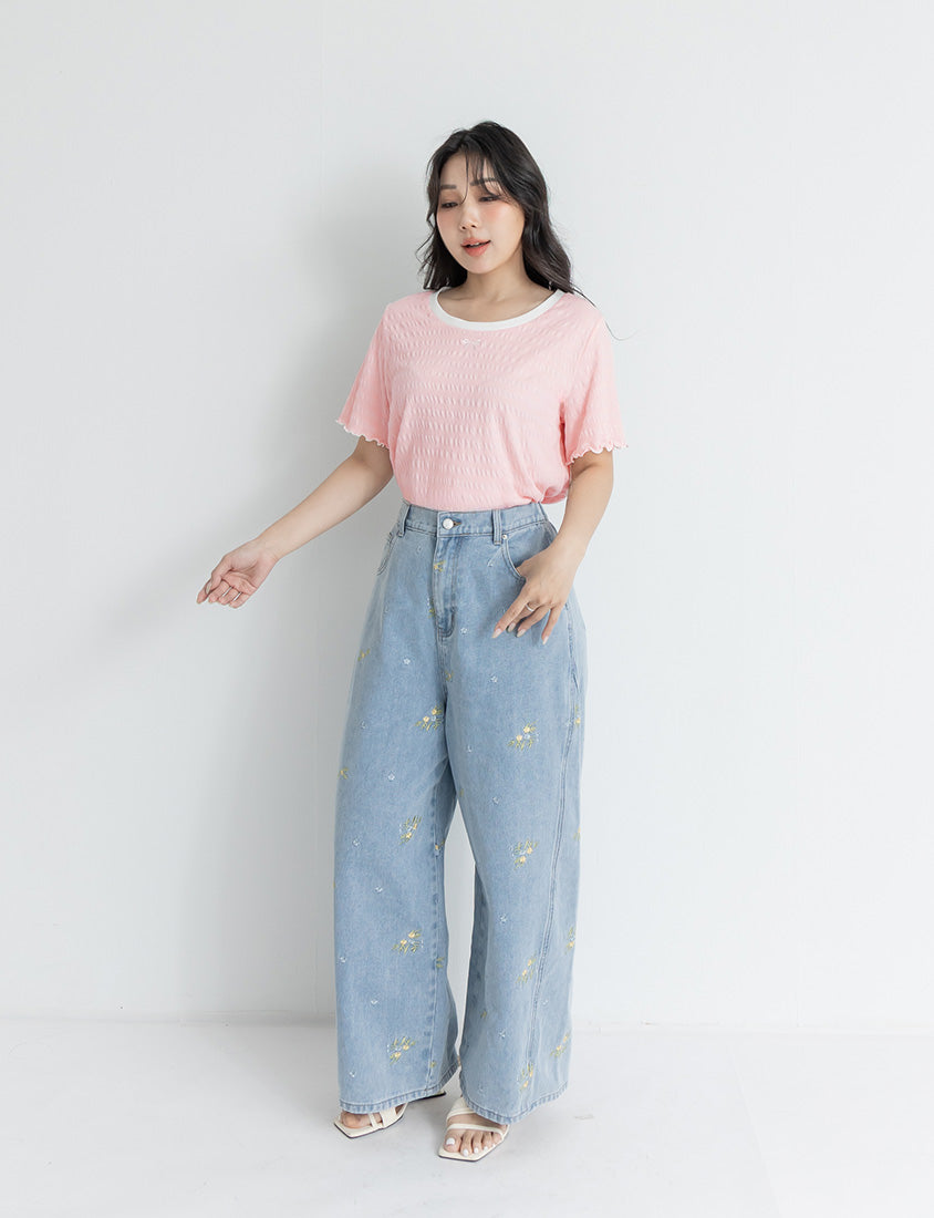 Bow Embroidery Ruffle Crinkle Plus Size Top